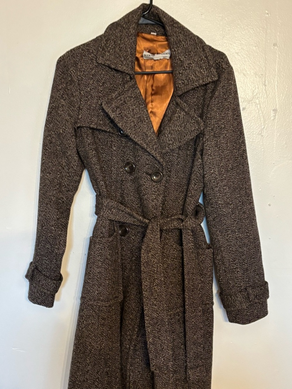 Steve Madden Brown Herringbone Trench Coat with Belt